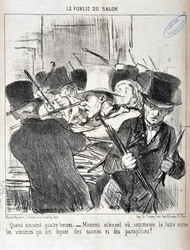 Umělecké dílo Honore Daumiera (1808-1879). Charivari pochází z roku 1852: Serie LE PUBLIC DU SALON - "" Když zazní čtyři hodiny.- slavnostní okamžik nebo začíná boj mezi návštěvníky, kteří si odložili hole a deštníky"" MUSEE DES BEAUX ARTS - PALAIS LONGCHA