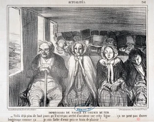 Umělecké dílo Honore Daumiera (1808-1879) Charivari pochází z roku 1855: Serie Actualites de voyage en railroad “” -Tady je více než osm dní, co se na této trati nestala nehoda... takhle to nemůže trvat dlouho. .. Je mi líto, že jsem jel tímto vlakem