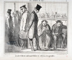 Umělecké dílo Honore Daumiera (1808-1879). Charivari pochází z roku 1855: Serie LES Chemins de fer "" Čekárna nebo čtvrthodina nepříjemných reflexů""" MUSEE DES BEAUX ARTS - PALAIS LONGCHAMP, MARSEILLE
