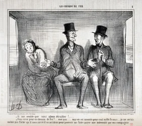 Umělecké dílo Honore Daumiera (1808-1879). Charivari pochází z roku 1857: Serie LES RAILWAYS „“ Zdá se mi, že vykolejíme!... Bojíš se na železnici?... já ne... můj život je pojištěn na sto tisíc franků... I se ani nechci bát th