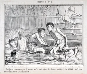 Dílo Honoré Daumiera (1808-1879) z časopisu Charivari z roku 1858: série „Letní skici“: „Koupající se začínají zjišťovat, že v září si studené koupele v Seině toto označení zaslouží.“ Musée des Beaux-Arts - Palais Longchamp, Marseille