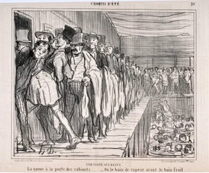 Dílo Honoré Daumiera (1808-1879), Charivari, datované 1858: série „Letní skici. Návštěva lázní: Fronta přede dveřmi kabin... Aneb parní lázeň před studenou koupelí“. Muzeum krásných umění - Palais Longchamp, Marseille