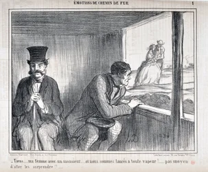Umělecké dílo Honore Daumiera (1808-1879) Charivari pochází z roku 1858: Serie EMOTIONS EN Chemin de fer - „Tady... moje žena s gentlemanem... a jedeme plnou parou vpřed!... žádný způsob, jak překvapit jim!!...“ MUZEUM VÝTVARNÉHO UMĚNÍ - PALÁC LONGCHAMP, B