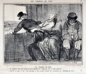 Umělecké dílo Honore Daumiera (1808-1879). Charivari pochází z roku 1858: Serie LES RAILWAYS po železnici “” -Tak se nedívejte tak za dveřmi, neštěstí přichází tak rychle!... “Co mi na tom záleží, vždyť jsem pojištěn proti nehodám na railwa