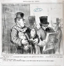 Dílo Honore Daumiera (1808-1879). Charivari pochází z roku 1859: Moje žena mi doporučila, abych jí přivezl svůj portrét z Paříže... Využil jsem výprodeje a koupil tento... -Ale nejste to vy... ca... - Já to vím, udělám t