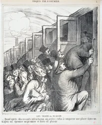 Umělecké dílo Honore Daumiera (1808-1879). Charivari pochází z roku 1864: Serie Sketch Les trains de plaisir “” - Když se nám po deseti neúspěšných útocích konečně podaří dobýt místo ve vagónu, zažijeme první a velmi živé potěšení””” MUSEE DES BEAUX AR