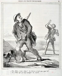 Umělecké dílo Honore Daumiera (1808-1879) Charivari pochází z roku 1864: Serie Sketch de Chasse “” Ou va donc? Zajíc tam není! - Pokud ten, který budu jíst v cibetce”” MUSEE DES BEAUX ARTS - PALAIS LONGCHAMP, MARSEILLE
