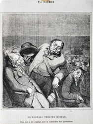 Umělecké dílo Honore Daumiera (1808-1879). Charivari pochází z roku 1864: Serie Sketches Pořízené v divadle Nový divadelní model. „Nic nebylo zanedbáno pro pohodlí diváků““ MUSEE DES BEAUX ARTS – PALAIS LONGCHAMP, MARSEILLE