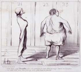 Karikatura o vzhledu. Série „“ The Bathers““: Řekněte tátovi Drouilletovi...““ Rytina Honore DAUMIEROVÉ (1808-1879). Výňatek z novin „“Le Charivari““. Rozměr 25 x 36 cm. box 12 Marseille, Musee des Beaux-Arts, Palais Longchamps, Collection Arts Graphi