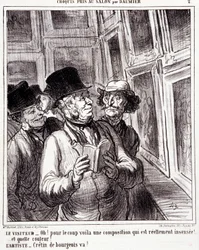 Karikatura o milovníkech umění. Série “” Skica pořízená v Salonu Daumierem “”: “” Návštěvník: Oh! pro převrat je zde opravdu nesmyslná kompozice (...). Umělec: Buržoazní kreténe, běž! “” Rytina Honore DAUMIEROVÉ (1808-1879). Výňatek z novin „“ L