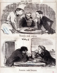 Karikatura o gastronomickém zneužívání. Série „Paris qui drinks“: nová anglická móda a stará francouzská móda. Rytina Honore DAUMIEROVÉ (1808-1879). Výpis z novin “” Le Charivari”” 23. června 1852 Rozměr 37x26 cm Inv D 2312 - krabice 24 N¡7. Marseille, Múz