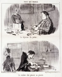 Karikatura o gastronomickém zneužívání. Serie "" Paris qui mange "": Šéfova snídaně. Šestý úředník si bere na milost. Rytina Honore DAUMIEROVÉ (1808-1879). Výňatek z novin „“Le Charivari““ z 26. června