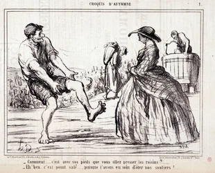 Kreslený film o kombajnech, kteří šlapou po hroznech naboso. Série „“ Podzimní skica““: „“ Jak... budete mačkat hrozny nohama? ...“ Rytina Honore DAUMIEROVÉ (1808-1879). Výňatek z novin ""Le Charivari""