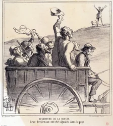 Karikatura o lovcích. Série „Podzimní skica: Zahájení lovu, v zemi byly signalizovány dvě koroptve“, z novin „Le Charivari“