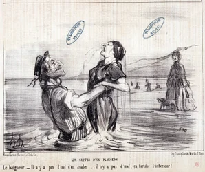 Karikatura o turistech na dovolené. Série „“ Les Bains de Mer““: „“ Vodní skica. Sekvence ponoru““. Rytina Honore DAUMIEROVÉ (1808-1879). Výtah z novin „“Le Charivari““ z roku 1853. Rozměr: 24x28cm. Inv 2453 - box 12 N¡1. Marseille, M