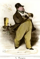 Karikatura bankéře. Kresba Honoré Daumiera (1808-1879) z „Le Charivari“, 1835. Soukromá sbírka