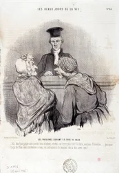 Cartoon on Neighbourhood Relations: Serie “”The Beautiful Days of Life”””: “”Sousedi před smírčím soudem...”” rytina Honore DAUMIEROVÁ (1808-1879). Výňatek z novin „“Le Charivari““ z 15. května