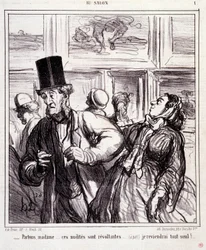 Kreslený film o milovníkech umění: Serie „“Au salon““: Nechme madam... tihle nahoti jsou revoltanti... vrátím se úplně sám““ Rytina Honore DAUMIEROVÉ (1808-1879). Výňatek z novin „“Le Charivari““ z 5. května