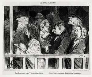 Dobří Pařížané: Pařížané čekající na zábavu, dvě hodiny ve frontě před jakýmsi divadlem. Ilustrace Honoré Daumiera (1808-1879), publikovaná v časopise „Le Charivari“, datovaná 5. března
