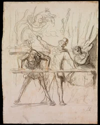 La Parade - The Side-Show - Daumier, Honore (1808-1879) - 1865 - Černá křída, akvarel na papíře - 39,8x30,4 - Muzeum Szepmuveszeti, Budapešť