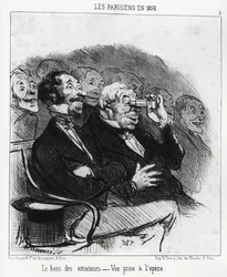 Pařížané v roce 1852: lavice amatérů, pohled na operu. Illustration d