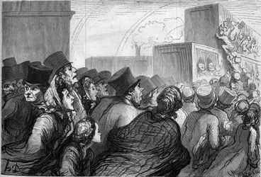 Nedělní cestovatelé. Kreslený film Honore Daumier (1808-1879). Rytina v „“ Le Monde Illustré““ č. 264 ze dne 3. května 1862.
