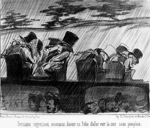 Vlaky potěšení: cestovatelé v dešti - od Daumiera, v "" Charivari "" z 28.08.1852.
