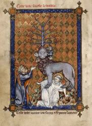 Přidat. 54180, f.14v Zvíře z Apokalypsy, pošlapává světce a zbožňuje ho klečící pokrytec, ilustrace z „La Somme le Roy“ od Frère Laurenta (inkoust, barva a zlato na pergamenu)