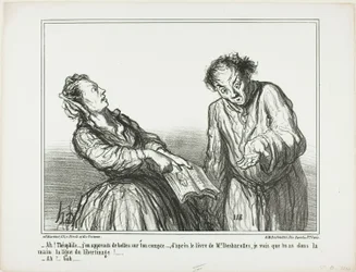 "- Ach, Théophile, jaké strašlivé věci o tobě čtu. Podle knihy pana Desbarollese mohu říci, že máš v dlani řádky libertinství!... - Ach, no...," deska 1 z Ces Bons Parisiens