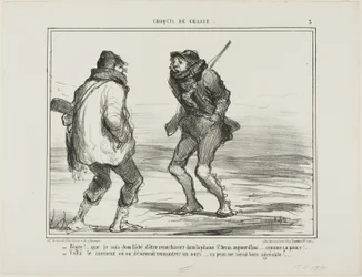 "- Brrrr! Zuřím, že jsem sem přijel lovit do St. Denis-Plain. Je prostě moc velká zima... - Jeden z těch dnů, kdy by člověk nejraději ulovil medvěda. Jeho kožich by byl právě teď víc než vítaný!", deska 3 z Croquis De Chasse