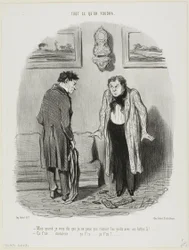 "- Ale já ti pořád říkám, že v těch botách nemůžu hýbat nohama! - Neboj se, to přijde, to přijde...," deska 8 z knihy Tout Ce Qu