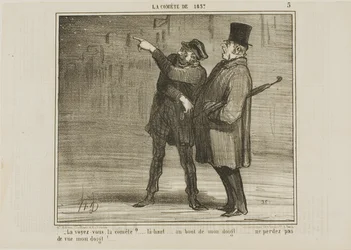 "- Vidíte kometu... právě tam, na špičce mého prstu... neztrácejte z dohledu špičku mého prstu!", deska 5 z knihy La Comète De 1857