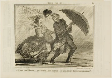 "- Neboj se, Eleonore... nic to není, je to jen malý vítr, který ohlašuje příchod jara," talíř 34 z Croquis Parisiens