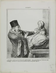 "- Ústřice za 25 sous za tucet, hrůza!... I kdybyste mi dali 100 sous za půl tuctu, takový výdaj bych si nedovolil," talíř 18 z Actualités.