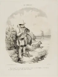 "Zatracená země! Střílím jenom vrabce.... a jenom samice... a tenhle geniální strážce trval na tom, že je to tu plné králíků," talíř 5 z La Chasse