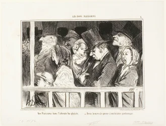 Pařížané těšící se na trochu zábavy. Dvě hodiny čekání ve frontě před kterýmkoli divadlem ve městě, tabule 1 z Les Bons Parisiens