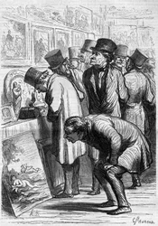 Pokoj hotelu Drouot, den výstavy. Kreslený film Honore Daumier (1808-1879). Rytina v „“ Le Monde Illustré““ č. 265 z 10. května 1862.