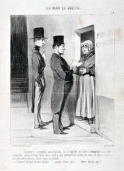 Umělecké dílo Honore Daumiera (1808-1879). Charivari pochází z roku 1845: Serie LES PEANS DE JUSTICE “” -... a promluvit u jeho dveří tak prohlásil, znamenalo to pro něj, že musel poslechnout uvedené shrnutí, jinak a pokud tak neučiní, bude nucen