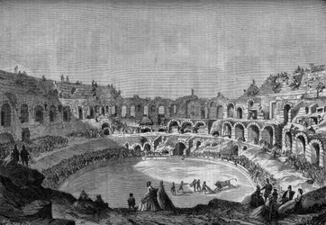 Býčí zápasy: býčí závody (býčí zápasy) ve starověkých arénách Nimes (Gard, 30) se španělským matadorem „“ El Tato“, 10. května