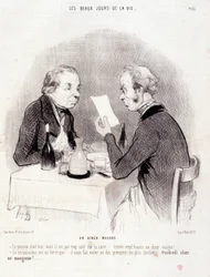 Karikatura o drahém životě. Série „“The Beautiful Days of Life““: Štíhlá večeře...“ Rytina Honore DAUMIER (1808-1879). Výňatek z novin „“Le Charivari““ z 18. října