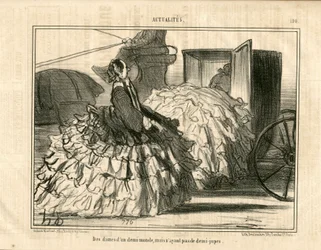 Le Charivari, satirický v B & B, ca. 1855_5_11: Novinky n* 190. Dámy polosvěta, ale ne sukně. - Móda, doprava, krinolíny - Dámská ilustrace Honore Daumier (1808-1879)