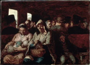 «Vagon třetí třídy» (Vagon třetí třídy). Dvě matky z lidových vrstev ve vlaku se svými dětmi. Obraz Honoré Daumiera (1808-1879), 1862-1864, Muzeum výtvarného umění, Ottawa, Kanada
