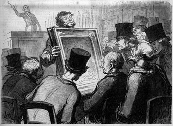 Milovníci malování v hotelu Bouillon. Karikatura Honore Daumiera (1808-1879). Rytina v "Le Monde Illustré" č. 250 z 25. ledna