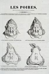 Hrušky: karikatura znázorňující proměnu tváře Ludvíka Filipa. Kresba Honoré Daumiera (1808-1879) podle původní kresby Charlese Philippona (1806-1862), La Caricature, leden 1832, Paříž, Musée Carnavalet