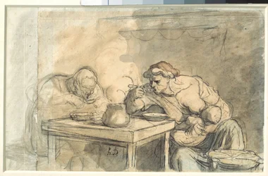 Polévka Pár dělníků jí polévku, matka kojí dítě. Akvarel od Honore Daumiera (1808-1879). 1862-1865. Ztlumit. 0,3x0,49m. Paříž, muzeum Louvre
