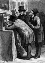 Aukční dům: milovník umění. Karikatura od Honore Daumiera (1808-1879). Rytina v „“ Le Monde Illustré““ č. 314 z 18. dubna 1863.