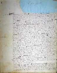 První stránka rukopisu „Le Pere Goriot“ (pero a inkoust na papíře)