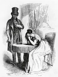 Žena v zoufalství pod pohledem muže, ilustrace z Ferragus od Honore de Balzac (1799-1850), francouzské vydání