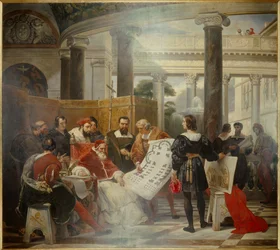 Papež Julius II., nařizující dílo Vatikánu a baziliky svatého Petra v Římě (Sv. Petr) obklopené Michelangelem (Michelangelo, Michelangelo nebo Michelangelo), Bramantem a Raphaelem (Raffaello Sanzio). Obraz Emile Jean Horace Vernet