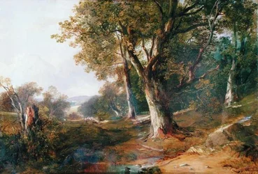 Zalesněná krajina s hradem v dálce, kolem roku 1865 (olej na plátně)